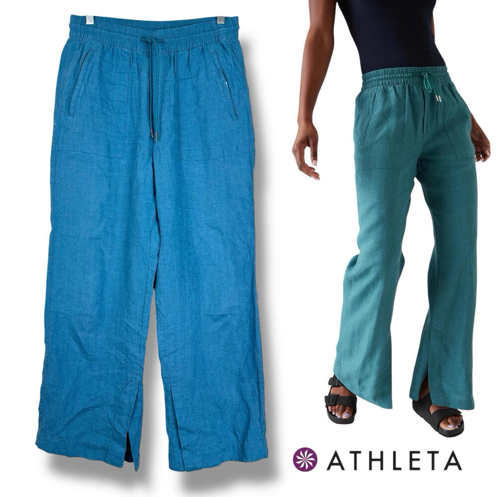 Athleta Retreat 100% Linen Wide Leg Pants Women’s 4 Borealis Green Zip Pockets